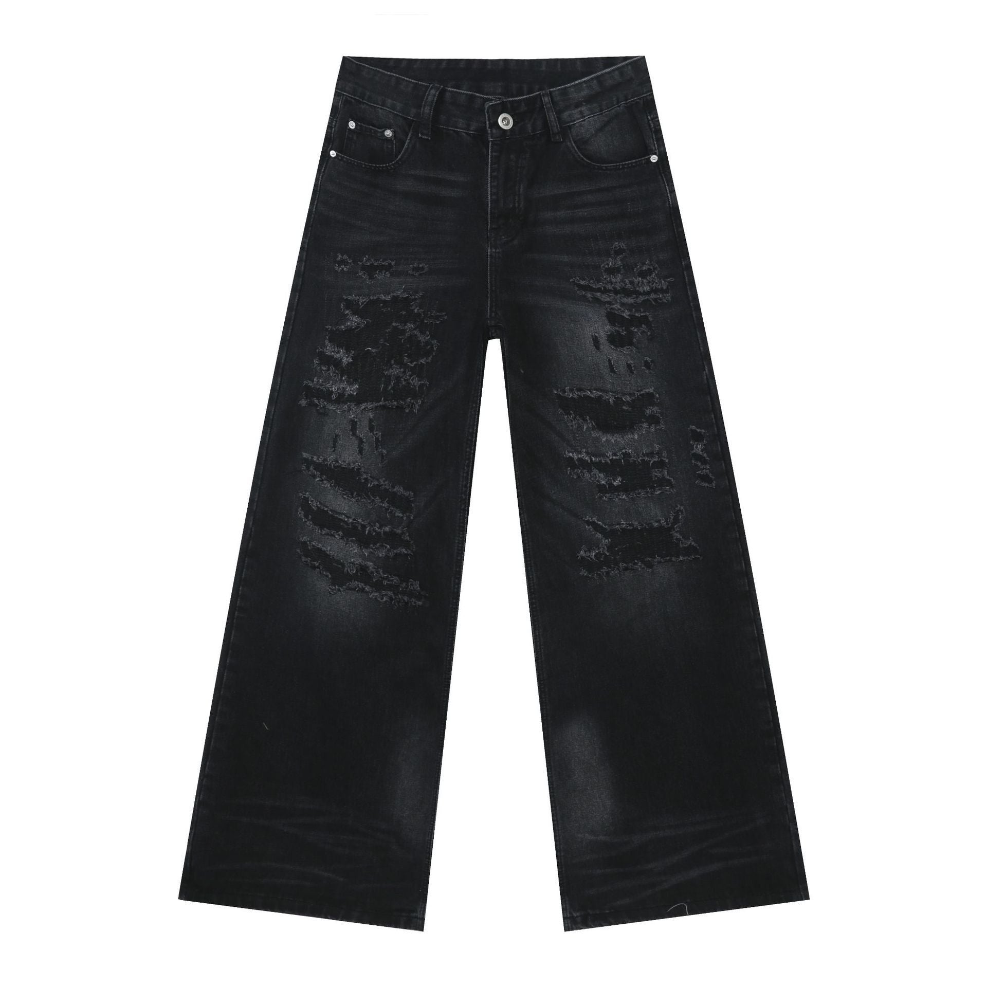 Hip hop baggy jeans for men ripped wide leg loose fit denim pants streetwear in black, flat lay front