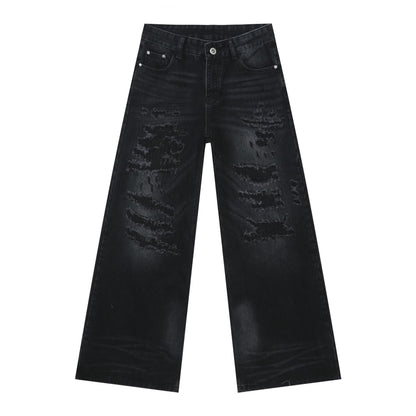 Hip hop baggy jeans for men ripped wide leg loose fit denim pants streetwear in black, flat lay front