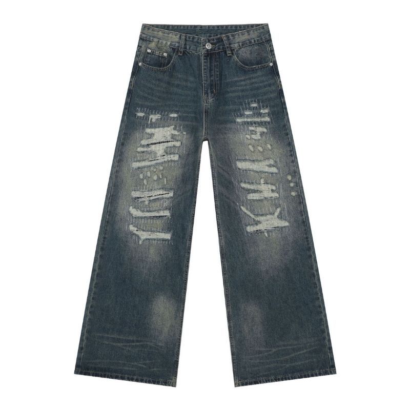 Hip hop baggy jeans for men ripped wide leg loose fit denim pants streetwear in blue, flat lay front