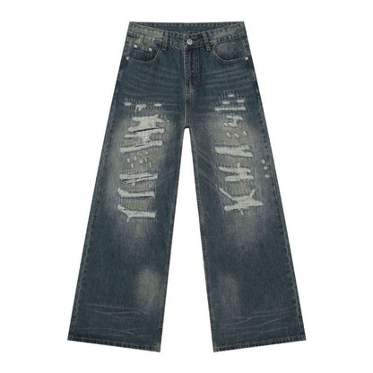 Hip hop baggy jeans for men ripped wide leg loose fit denim pants streetwear in blue, flat lay front