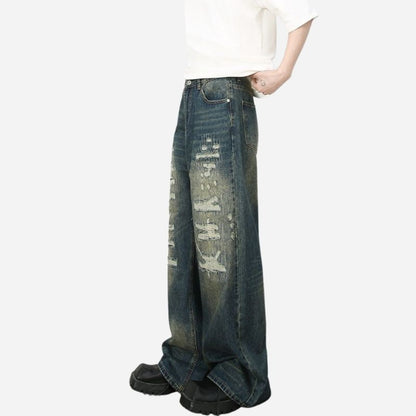Hip hop baggy jeans for men ripped wide leg loose fit denim pants streetwear in blue, side view