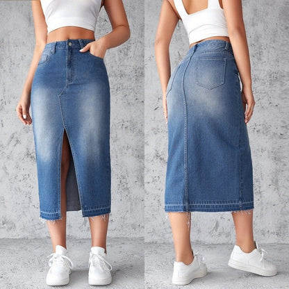 Jean Skirts Women Midi Denim Skirt High Waisted Pencil Skirt with Front Slit navy color with front and back views
