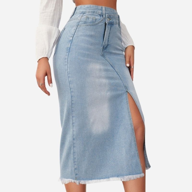 Jean Skirts Women Midi Denim Skirt High Waisted Pencil Skirt with Front Slit blue color