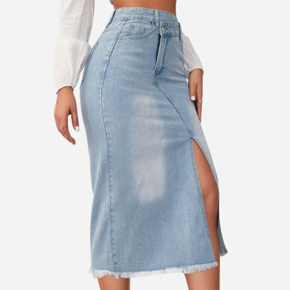 Jean Skirts Women Midi Denim Skirt High Waisted Pencil Skirt with Front Slit blue color