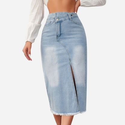Jean Skirts Women Midi Denim Skirt High Waisted Pencil Skirt with Front Slit blue color    