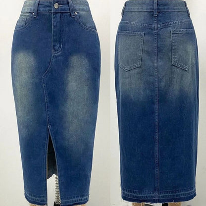 women midi denim high waisted pencil skirt with front slit in navy, front and back views