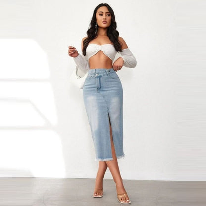 Jean skirts women midi denim high waisted pencil skirt with front slit in blue, front view