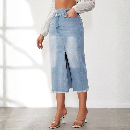 Jean skirts women midi denim high waisted pencil skirt with front slit in blue, side view