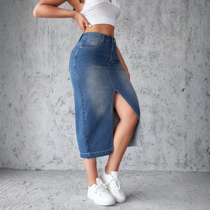 women midi denim high waisted pencil skirt with front slit in navy, side view