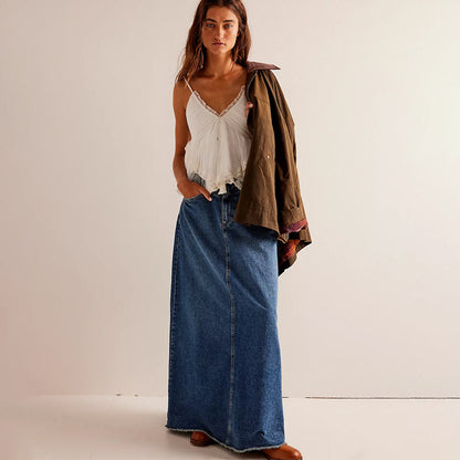 Long Denim Skirts for Women Maxi High Waist A-line Flare Jean Skirt navy color