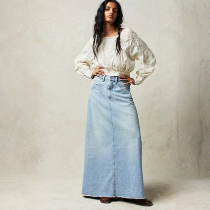 Long denim skirts for women maxi high waist a-line flare jean skirt in blue, front view