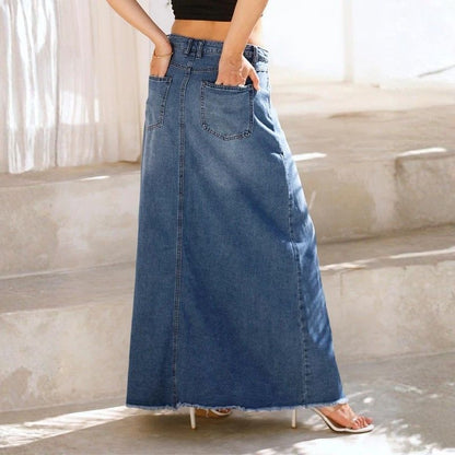 Long denim skirts for women maxi high waist a-line flare jean skirt in navy, back view