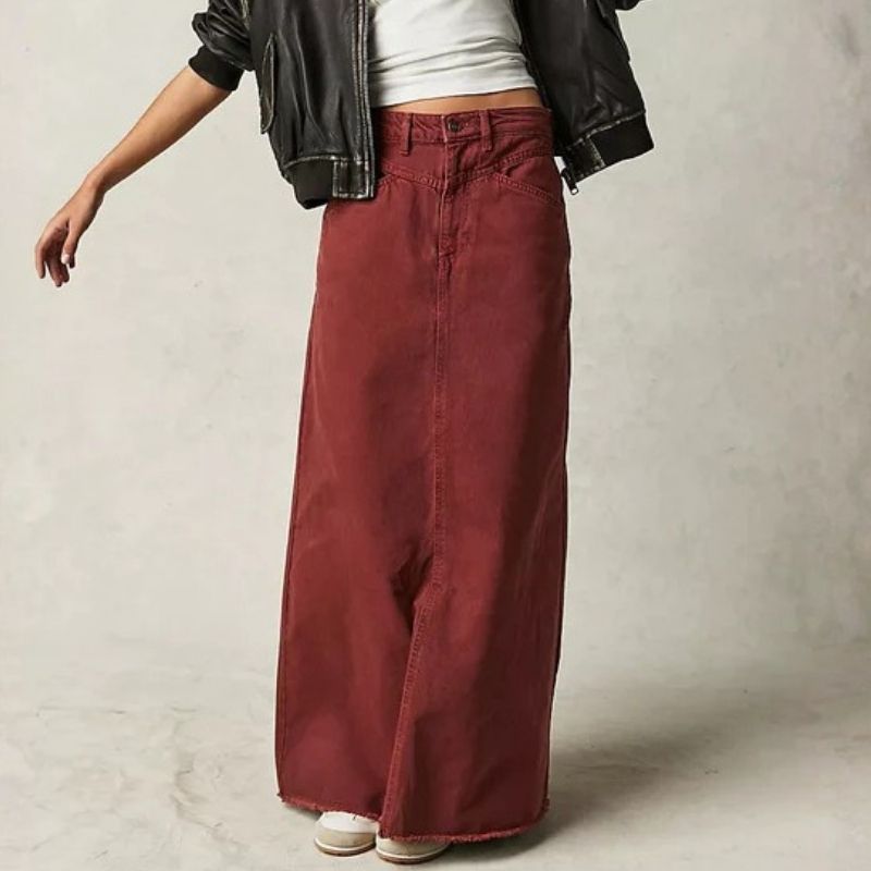 Long denim skirts for women maxi high waist a-line flare jean skirt in red, front view