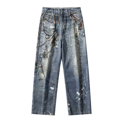Men’s 3D Graffiti Keychain Print Jeans Y2K  Baggy Straight Leg Denim, front view