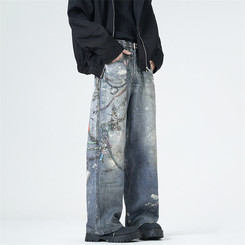 Men’s 3D Graffiti Print Jeans Y2K Baggy Straight Leg Denim, side view