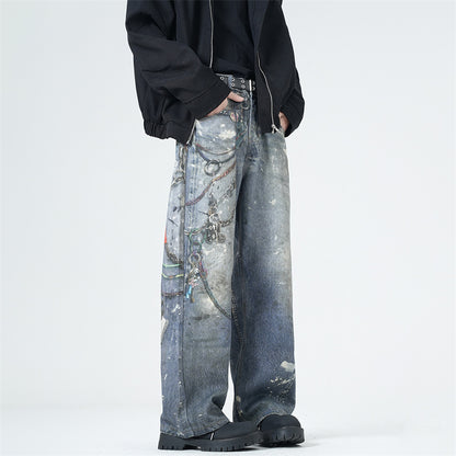 Men’s 3D Graffiti Print Jeans Y2K Baggy Straight Leg Denim, side view