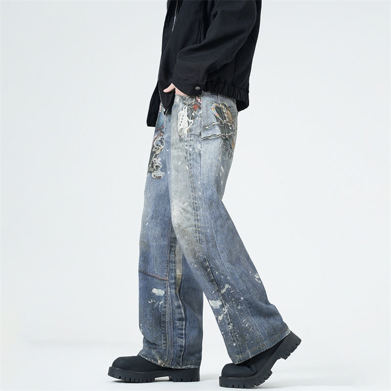 Men’s 3D Graffiti Keychain Print Jeans Y2K Baggy Straight Leg Denim, side view
