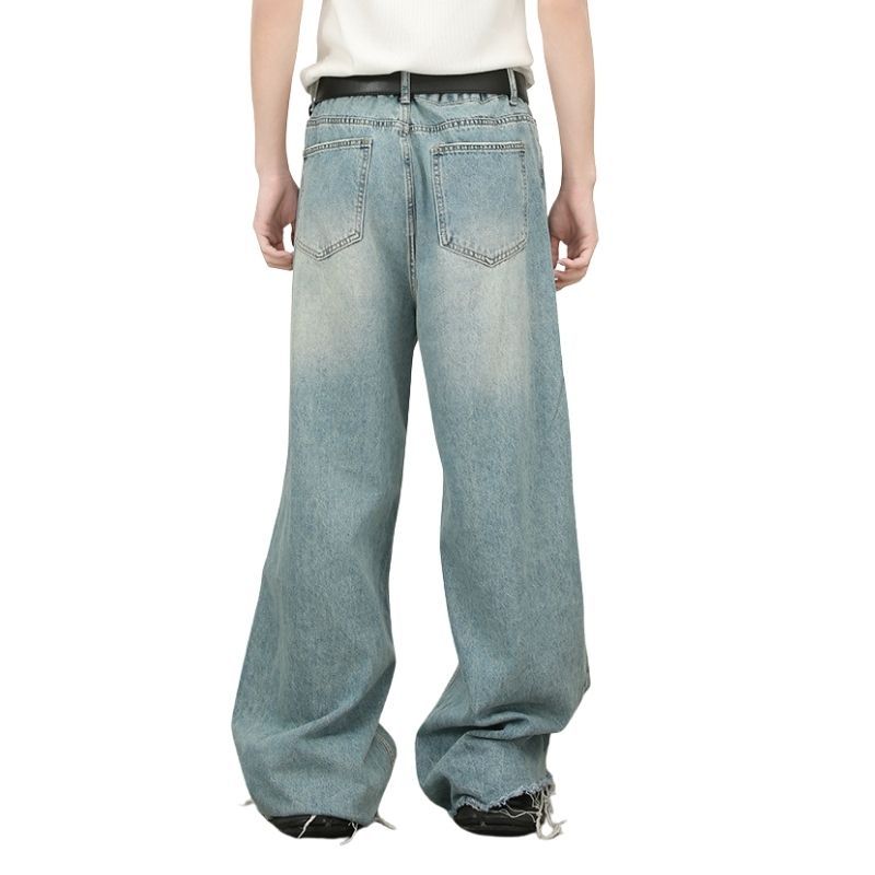 Men's baggy jeans y2k ripped wide leg distressed denim pants hip hop streetwear, back view