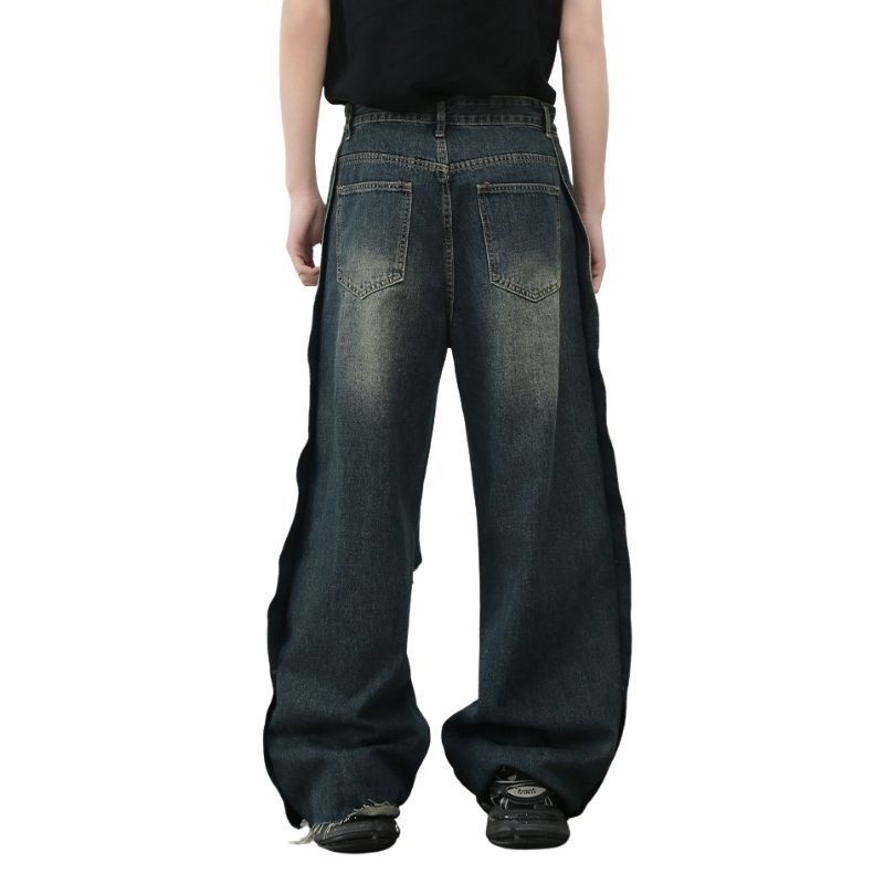 Men's baggy ripped jeans wide leg hip hop loose fit denim y2k streetwear, back view