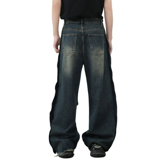 Men's baggy ripped jeans wide leg hip hop loose fit denim y2k streetwear, back view