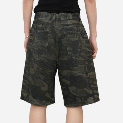 Men's camouflage cargo jeans short stretch relaxed fit denim short pants, back view