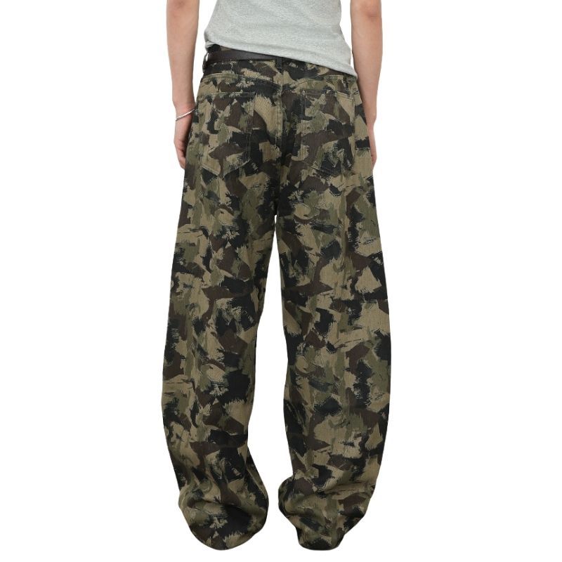 Men's baggy jeans y2k ripped wide leg distressed denim pants hip hop streetwear, back view