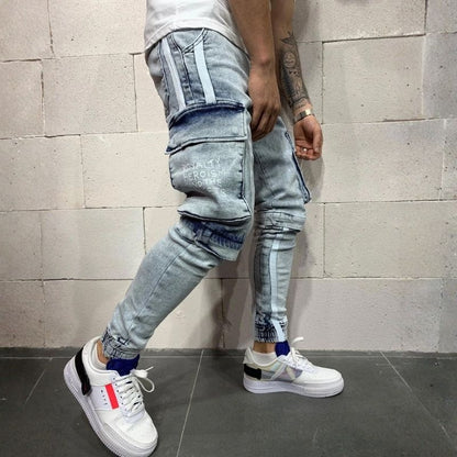 Men's cargo distressed skinny jeans street stretch denim jogger pants in light blue, side view