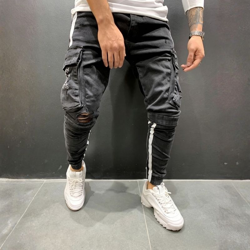 Men's cargo distressed skinny jeans street stretch denim jogger pants in grey