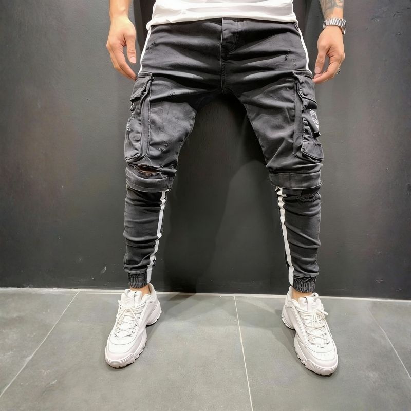Men's cargo distressed skinny jeans street stretch denim jogger pants in grey, front view