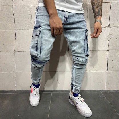 Men's cargo distressed skinny jeans street stretch denim jogger pants in light blue, front view