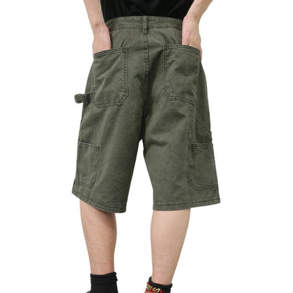 Men’s cargo jeans shorts relaxed fit wide leg carpenter short denim pants in green, back view