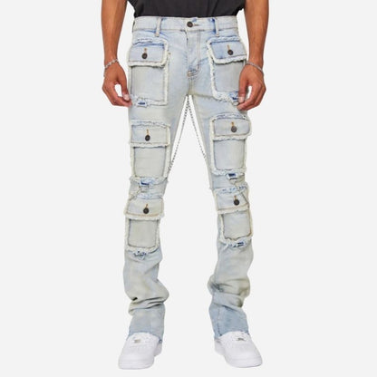 men's distressed cargo jeans slim fit multi pocket streetwear
