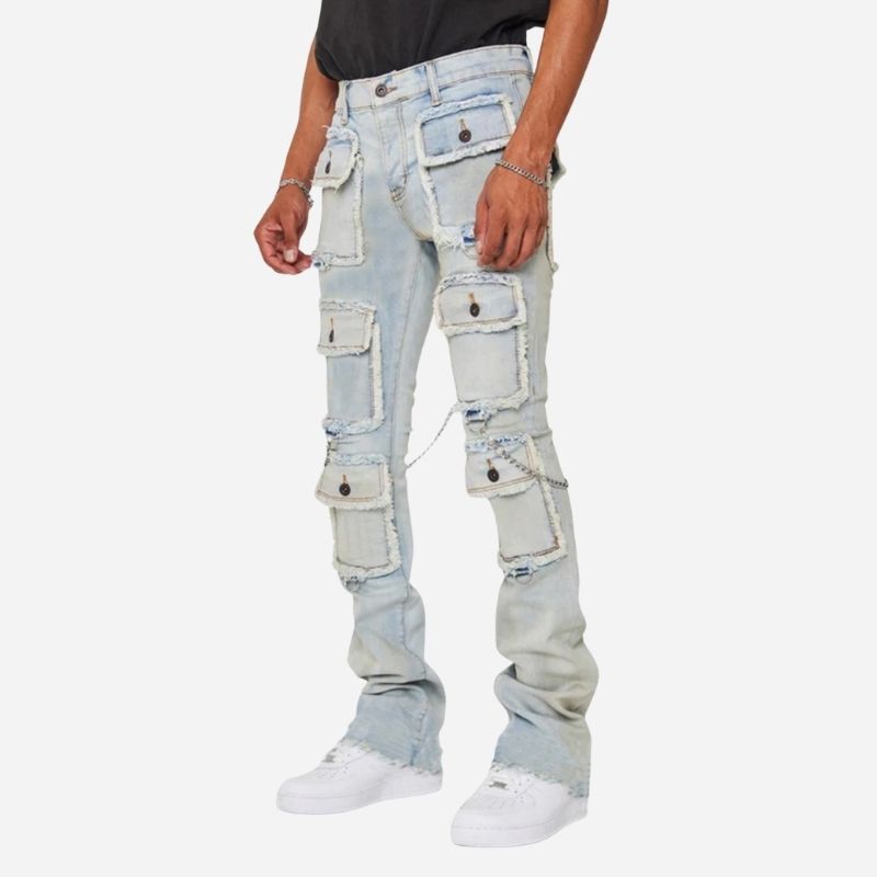 men's distressed cargo jeans slim fit multi pocket streetwear in light blue