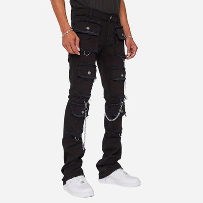 men's distressed cargo jeans slim fit multi pocket streetwear in black, side view