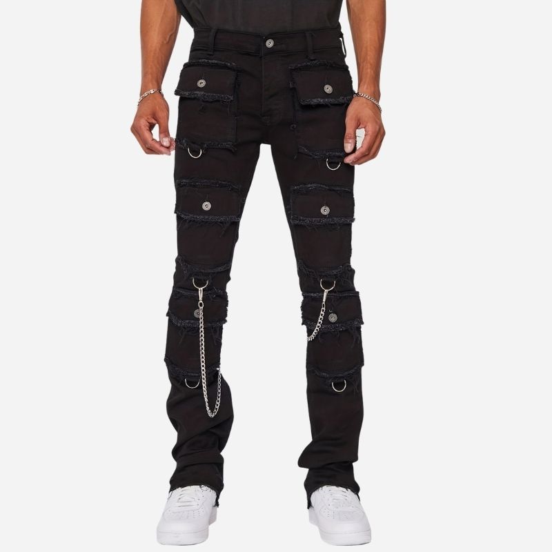 men's distressed cargo jeans slim fit multi pocket streetwear in black
