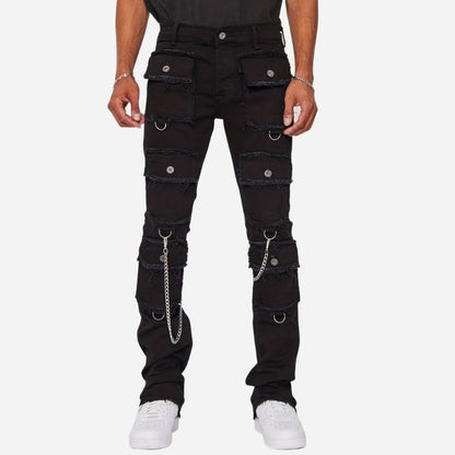 men's distressed cargo jeans slim fit multi pocket streetwear in black
