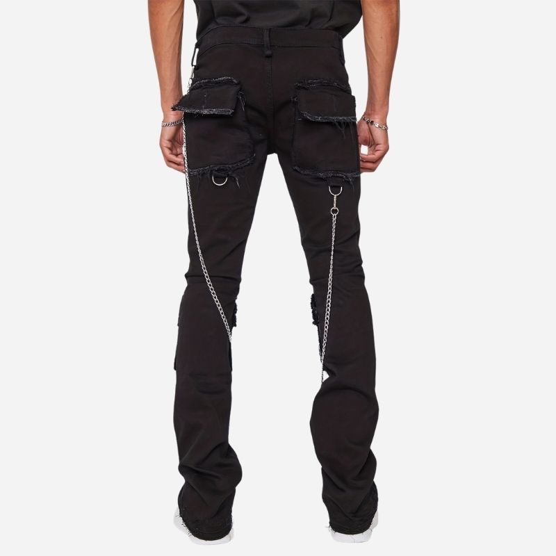 men's distressed cargo jeans slim fit multi pocket streetwear in black, back view