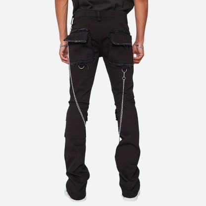 men's distressed cargo jeans slim fit multi pocket streetwear in black, back view