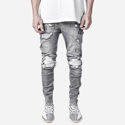 Men’s Distressed Slim Fit Ripped Denim Tapered Jeans Streetwear