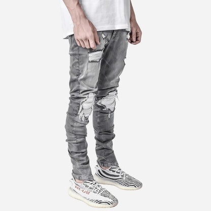 Men’s Distressed Slim Fit Ripped Denim Tapered Jeans Streetwear, side view