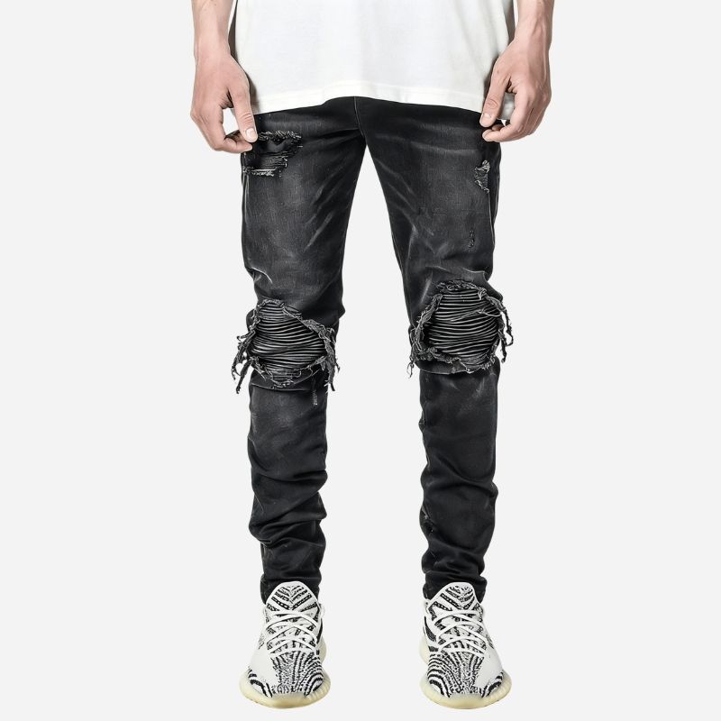 Men’s Distressed Slim Fit Ripped Denim Tapered Jeans Streetwear in Black, front view