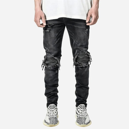 Men’s Distressed Slim Fit Ripped Denim Tapered Jeans Streetwear in Black, front view