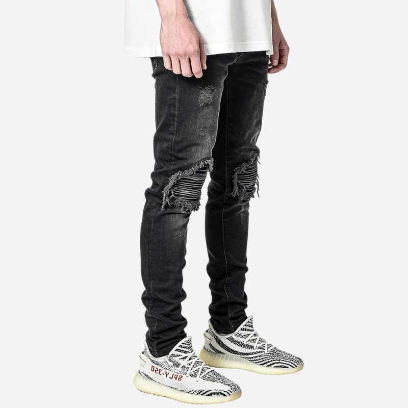 Men’s Distressed Slim Fit Ripped Denim Tapered Jeans Streetwear in Black, side view