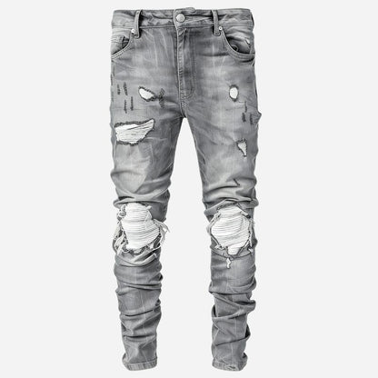 Men’s Distressed Slim Fit Ripped Denim Tapered Jeans Streetwear in grey