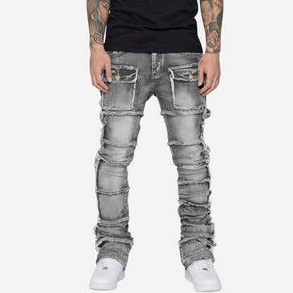 men's distressed stacked jeans slim fit washed streetwear denim pants