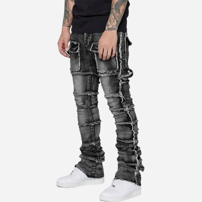 men's distressed stacked jeans in black, side view