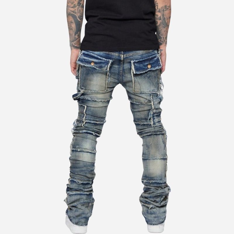 men's distressed stacked jeans in blue, back view