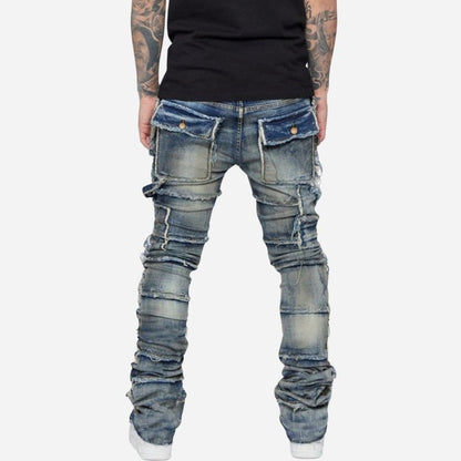 men's distressed stacked jeans in blue, back view