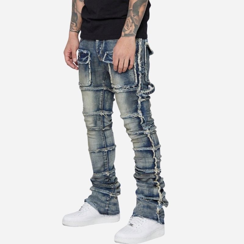 men's distressed stacked jeans in blue, side view
