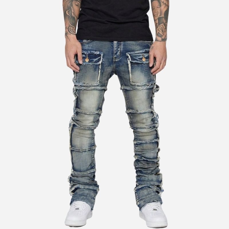 men's distressed stacked jeans in blue, front view